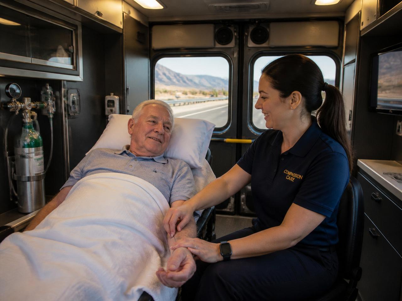 Compassion Care medical attendant caring for a stretcher patient inside a Mercedes Sprinter driving on an interstate highway