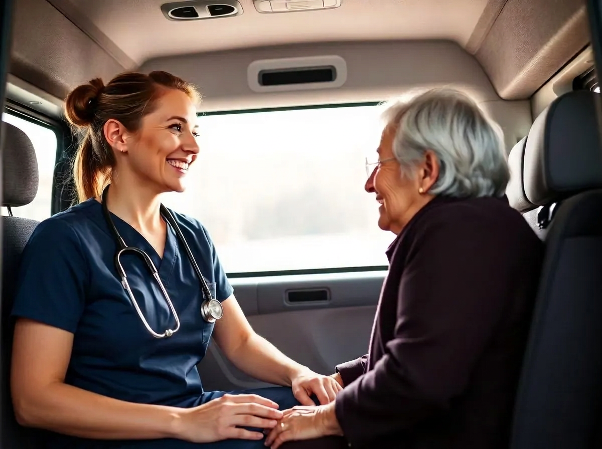 Nurse sitting with elderly patient inside a Sprinter medical transport van, sharing a warm conversation