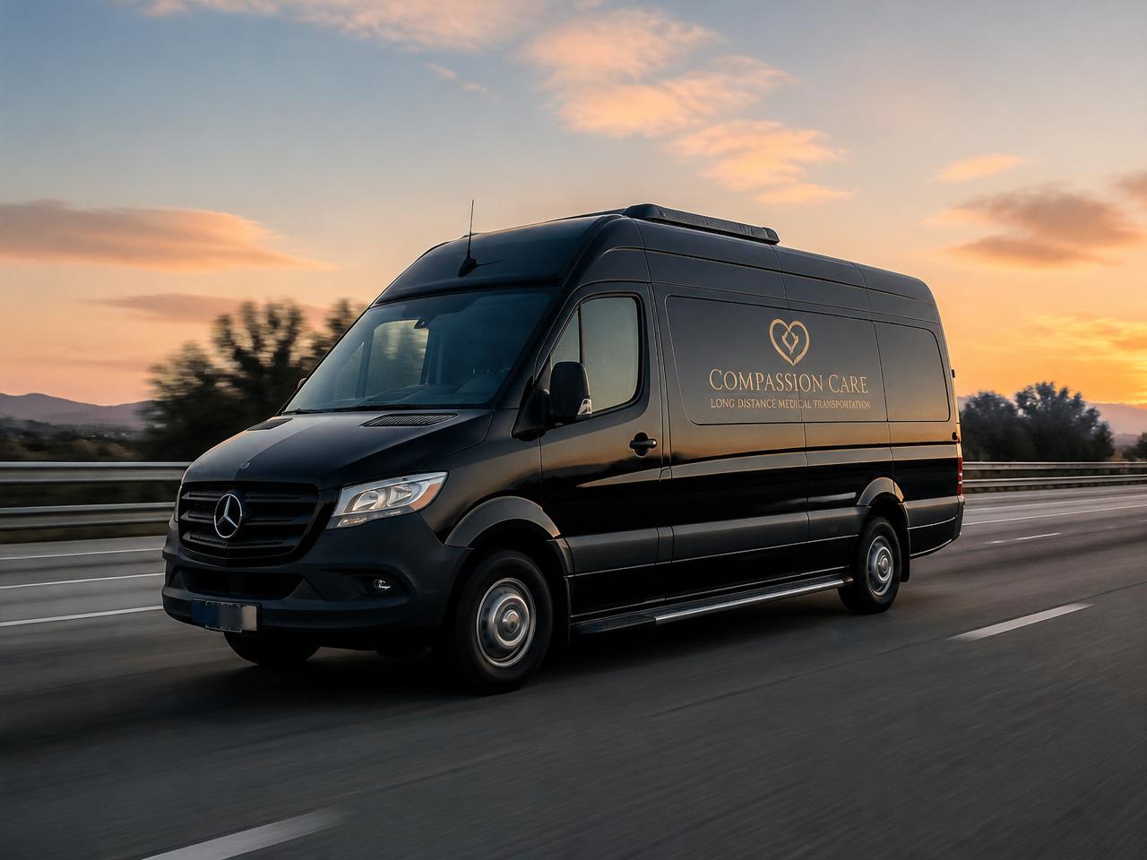 Black Compassion Care Mercedes Sprinter long distance medical transportation van driving on an American interstate highway at sunset