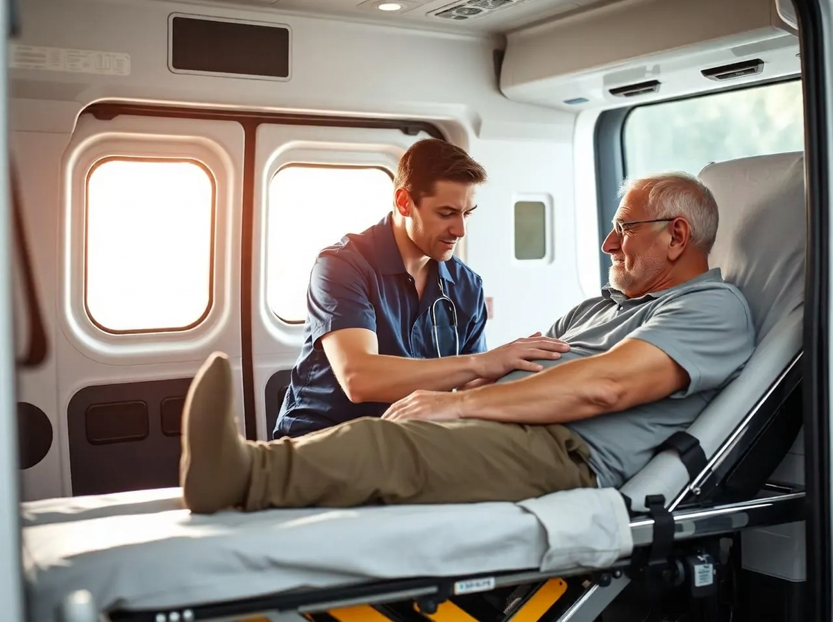 Medical attendant caring for a patient on a stretcher inside a Sprinter van