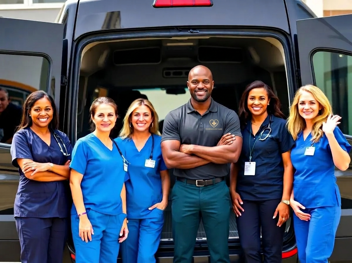 The Compassion Care team of medical transport professionals — nurses, drivers, and dispatchers