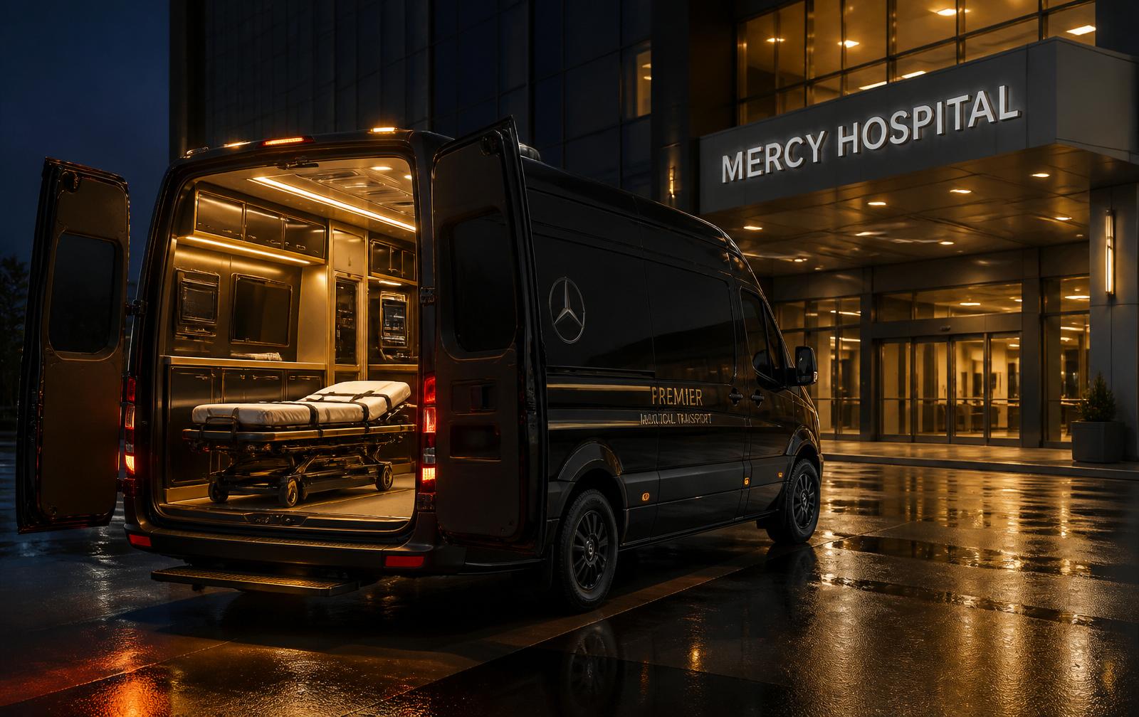 Bed-to-Bed Sprinter Medical Transport — luxury black Mercedes-Benz Sprinter medical transport